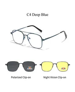 Detail view of dark blue metal frame glasses with magnetic polarized and night vision lenses