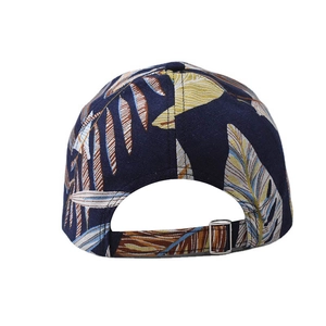 Dark blue baseball cap with tropical leaf print and adjustable metal buckle back view