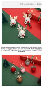 Detail of wool felt reindeer ornament with golden antlers and colorful acorns decor