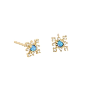 Elegant gold cross snowflake earrings with opal blue stone and sparkling diamonds