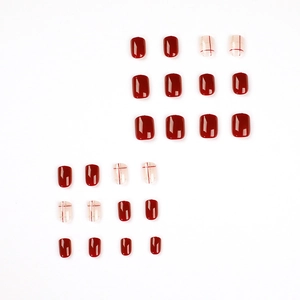 Glossy burgundy and nude pink plaid press-on nail set in short square shape