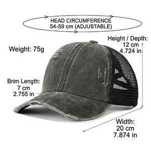 Distressed black cotton ponytail baseball mesh cap with detailed size specifications