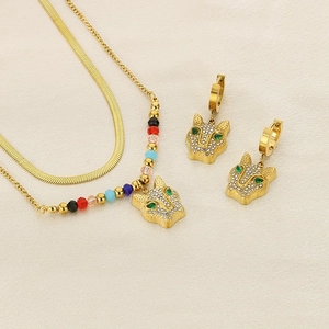 Golden double-layer snake chain necklace with colorful beads and leopard head pendant set