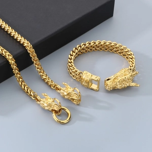 Titanium steel dragon head bracelet and necklace set with wheat chain in gold finish
