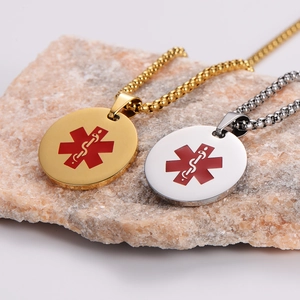 Polished stainless steel medical ID necklace in gold and silver with Star of Life symbol