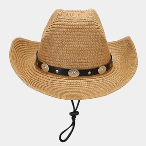 Classic straw cowboy hat with black studded leather band and adjustable chin strap