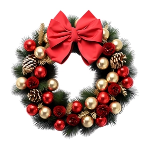 Couronne de Noël avec baies rouges, boules dorées et grand nœud rouge sur aiguilles de pin