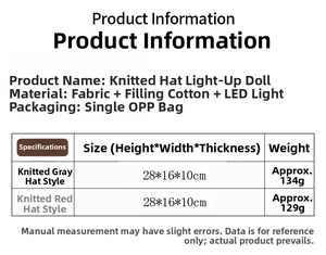 Size chart for glowing Christmas gnome with knitted hat showing 28x16x10cm dimensions