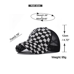 Größentabelle für verstellbare 54-60cm Schachbrett-Pferdeschwanzkappe mit Details