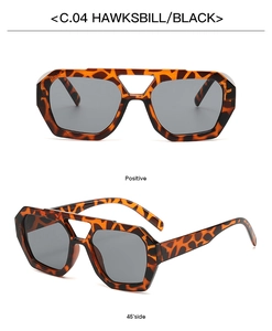 Close-up of tortoise shell double-bridge geometric sunglasses with dark grey UV lenses