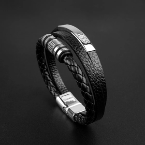 Men's multilayer black braided leather bracelet with silver metal plate and magnetic clasp