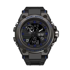 Water-resistant dual display sports watch with black rubber strap and blue accents