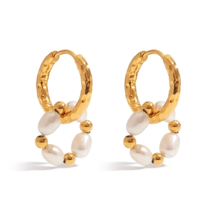 Hammered Texture Hoop Earrings 18K Gold Plated Stainless Steel With White Artificial Pearl Waterproof Hypoallergenic For Women