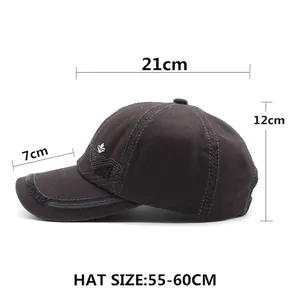 Men's cotton baseball cap with maple leaf embroidery and detailed size measurements
