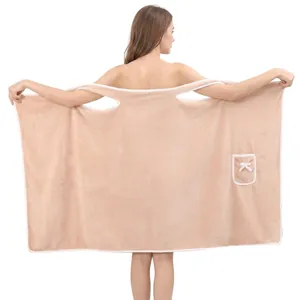 Soft coral fleece wearable bath towel wrap with straps and front pocket in champagne