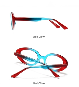 Detail view showing the side and back of trendy red and blue gradient cat eye sunglasses