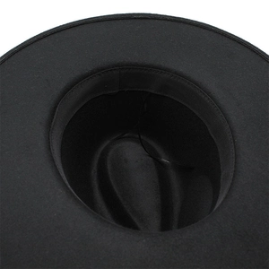 Detail of wool fedora interior featuring a ribbed sweatband and adjustable drawstring