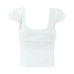 Top corto ricamato bianco con maniche a sbuffo e scollo quadrato per moda donna