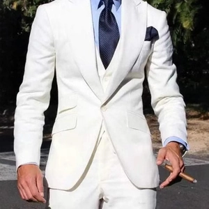 Men's white three-piece slim fit suit for weddings with matching vest and trousers
