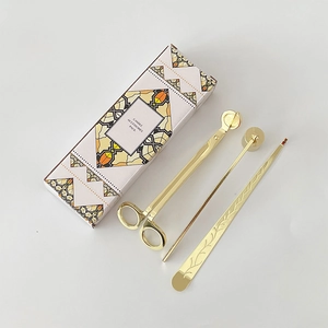 3-piece gold stainless steel candle accessory set with trimmer and snuffer in box