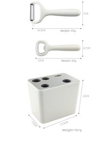 Detailed size and weight specs for white kitchen gadgets set with organizer stand