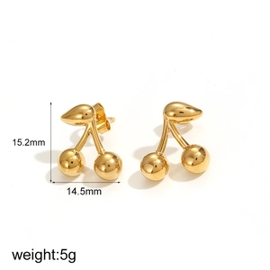 Polished 18k gold stainless steel cherry earrings, 15.2mm height, 14.5mm width, 5g weight
