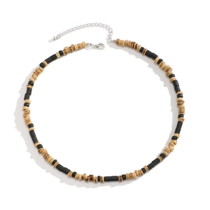 Men's bohemian beaded necklace with natural beige and black wooden cylinder beads