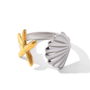 Detail of silver shell and golden starfish on a two-tone stainless steel ring