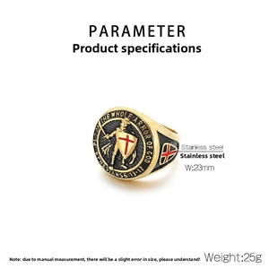 Detail view of the Whole Armor of God shield ring in gold and black stainless steel finish