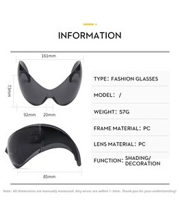 Detailed size specifications for futuristic oversized Y2K shield sunglasses with PC frame