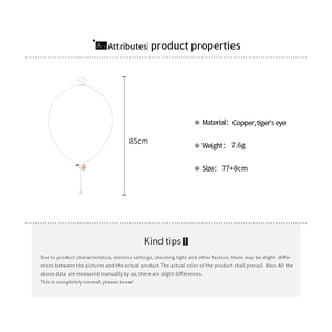 Detail showing brass Tiger's Eye necklace specifications with 85cm total length