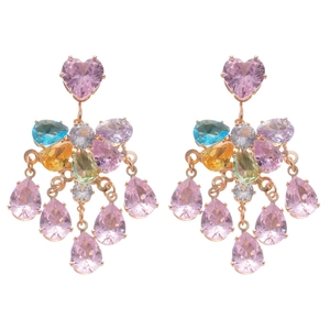 Sparkling zircon heart and teardrop tassel earrings with colorful stones in rose gold setting