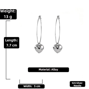 Detailed view of silver heart hoop earrings with dimensions and 925 silver needle spec