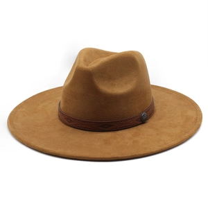 Brown faux suede wide brim fedora hat with embossed leather band and metal buckle