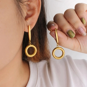Minimalist 18K gold plated stainless steel long bar and circle drop earrings on model