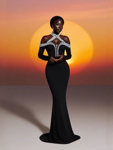 Elegant black fishtail evening gown with pearl neck trim and off-shoulder design