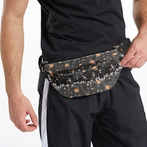 Halloween waist bag with spider web and skull patterns shown on a model