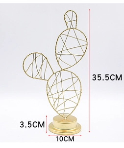 Detailed dimensions of gold metal cactus LED lamp with 35.5cm height and circular base