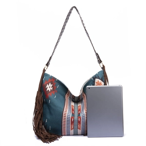 Bohemian oversized tote detail with ethnic patterns, leather tassels, and large capacity
