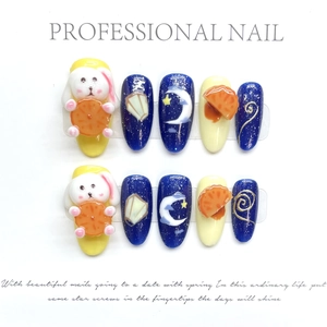 Handmade Press On Nails Cute Rabbit Moon Auspicious Clouds 3D Relief False Nails 10Pcs Autumn Festive Manicure Patches For Women
