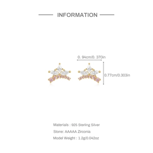 Detailed size specifications for crown-shaped 925 sterling silver earrings with zircon
