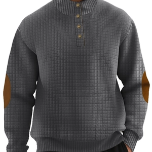 Men's dark grey quilted henley sweatshirt with stand collar and brown elbow patches