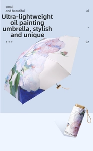 Artistic oil painting floral umbrella with compact capsule storage bag and gold handle