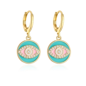 18K gold-plated Bohemian evil eye drop earrings with blue enamel and zircon stones