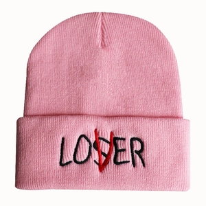 Pink Loser/Lover embroidered knit beanie with ribbed cuff for winter fashion streetwear