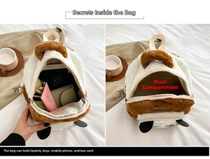 Detail view of the plush panda backpack featuring the spacious main pocket and interior lining