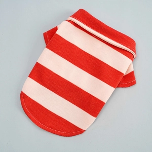 Detail of red and white striped pet Polo shirt with breathable mesh pique fabric texture