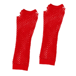 Close-up of red elastic fishnet fingerless arm warmers with a wide mesh texture