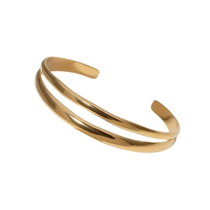 Minimalist double-layered gold open cuff bracelet in stainless steel with a polished finish