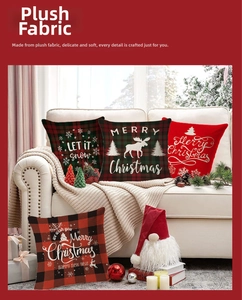 Detail of soft plush Christmas pillow cases with festive reindeer and snowflake prints